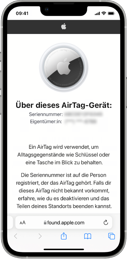 Ein iPhone-Bildschirm zeigt Informationen zu einem AirTag.