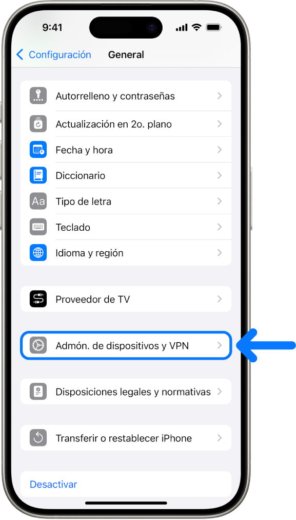 Pantalla de un iPhone mostrando la opción Administración de dispositivos y VPN seleccionada.