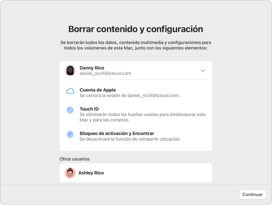 La ventana de una Mac mostrando las opciones Borrar todo el contenido y Asistente de configuración.