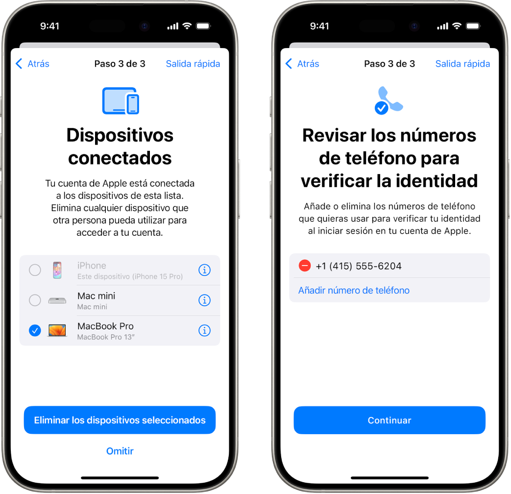 Las pantallas de dos iPhone que muestran 1) un dispositivo seleccionado para eliminarlo de la lista de dispositivos de confianza y 2) una pantalla para editar los números de teléfono de confianza.