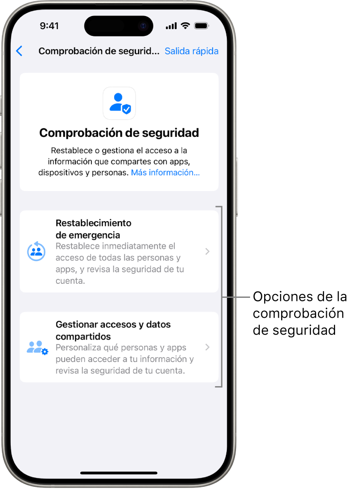 Una pantalla que muestra las dos opciones disponibles con la comprobación de seguridad: “Restablecimiento de emergencia” y “Gestionar accesos y datos compartidos”.