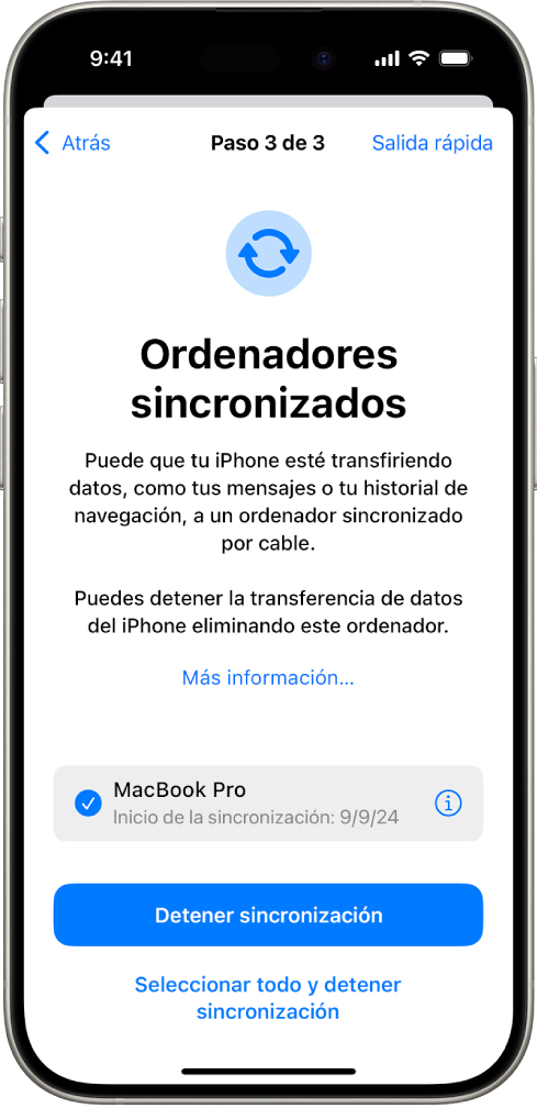 Un iPhone muestra la pantalla de ordenadores sincronizados.