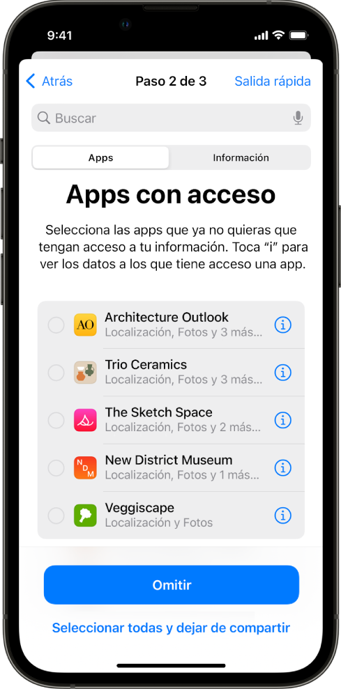 Una pantalla de comprobación de seguridad que muestra la información que se comparte con ciertas apps.