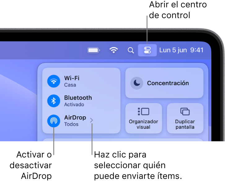 Usar AirDrop desde el centro de control.