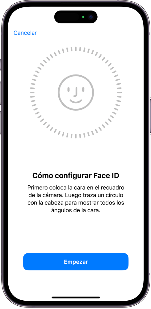 Pantalla de configuración de reconocimiento de Face ID. En la pantalla se muestra una cara rodeada de un círculo. El texto situado debajo indica al usuario que mueva la cabeza lentamente hasta completar el círculo.