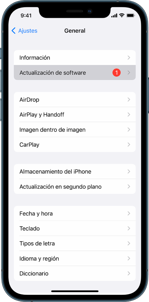 Pantalla de iPhone con una actualización de software disponible.