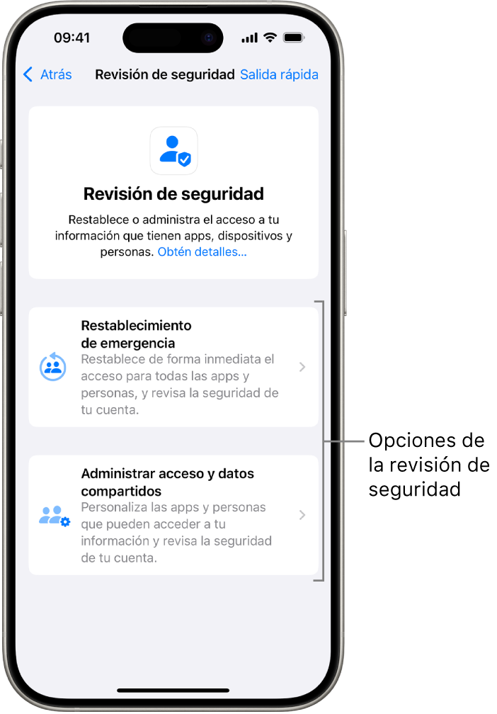 Pantalla mostrando las dos opciones disponibles con la revisión de seguridad: el restablecimiento de emergencia y la opción de administrar accesos y datos compartidos.