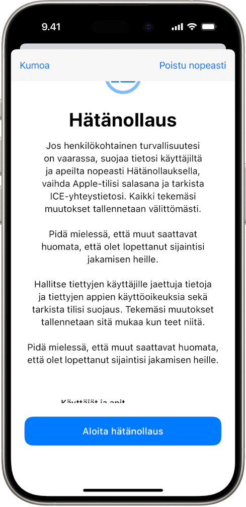 Näyttö, jossa näkyy Hätänollauksen aloituspainike.