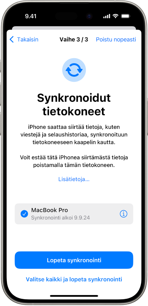 iPhone, jossa näkyy Synkronoidut tietokoneet ‑näyttö.