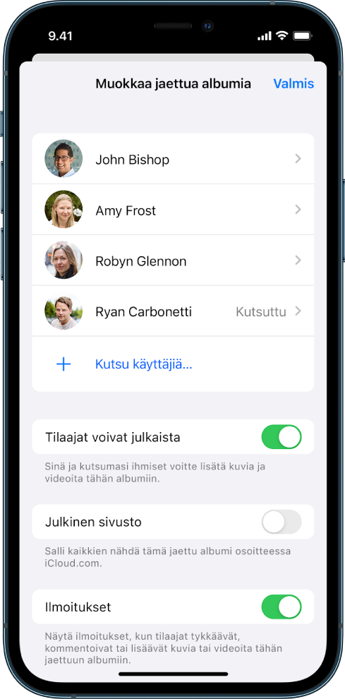 iPhonen näyttö, jossa näkyy jaettu kuva-albumi ja henkilöt, joiden kanssa se on jaettu.