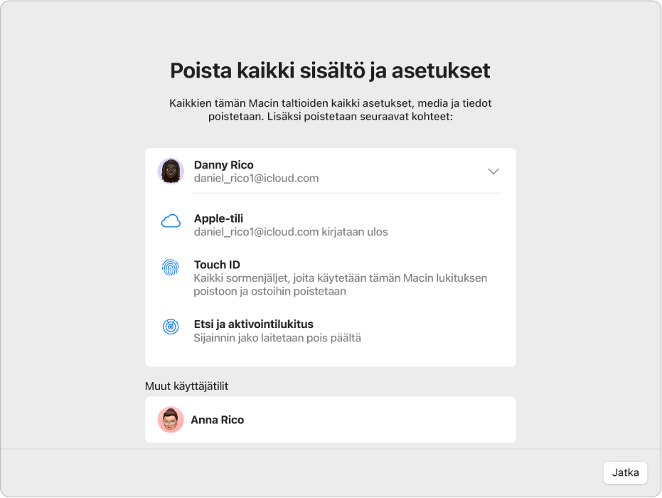 Macin ikkuna, jossa näkyy Poista kaikki sisältö ja asetukset ‑apuri.