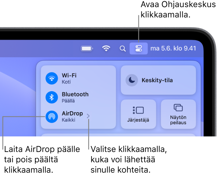 AirDropin käyttäminen Ohjauskeskuksesta.