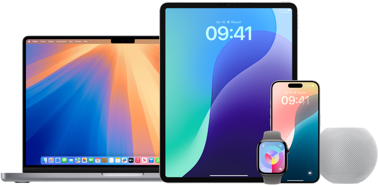 Un MacBook, un iPad, un iPhone, une Apple Watch et un HomePod.