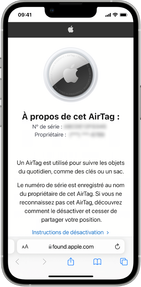 Écran d’un iPhone affichant des informations sur un AirTag.