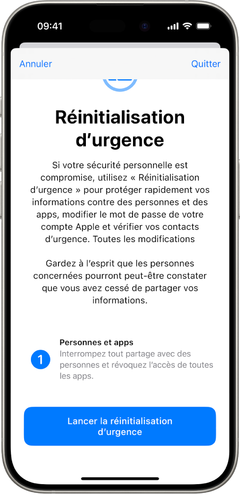 Un écran présentant le bouton pour démarrer « Réinitialisation d’urgence ».