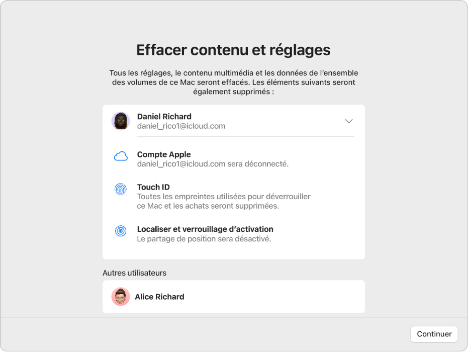 La fenêtre d’un Mac affichant « Effacer contenu et réglages » et l’Assistant réglages.