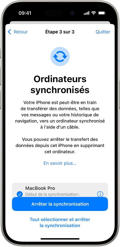 L’écran d’un iPhone affichant l’écran Ordinateurs synchronisés.