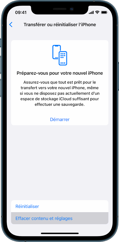 Écran de l’iPhone montrant l’option « Effacer contenu et réglages » sélectionnée.