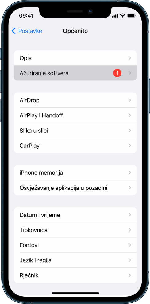 Zaslon iPhonea koji pokazuje da je dostupno ažuriranje softvera.