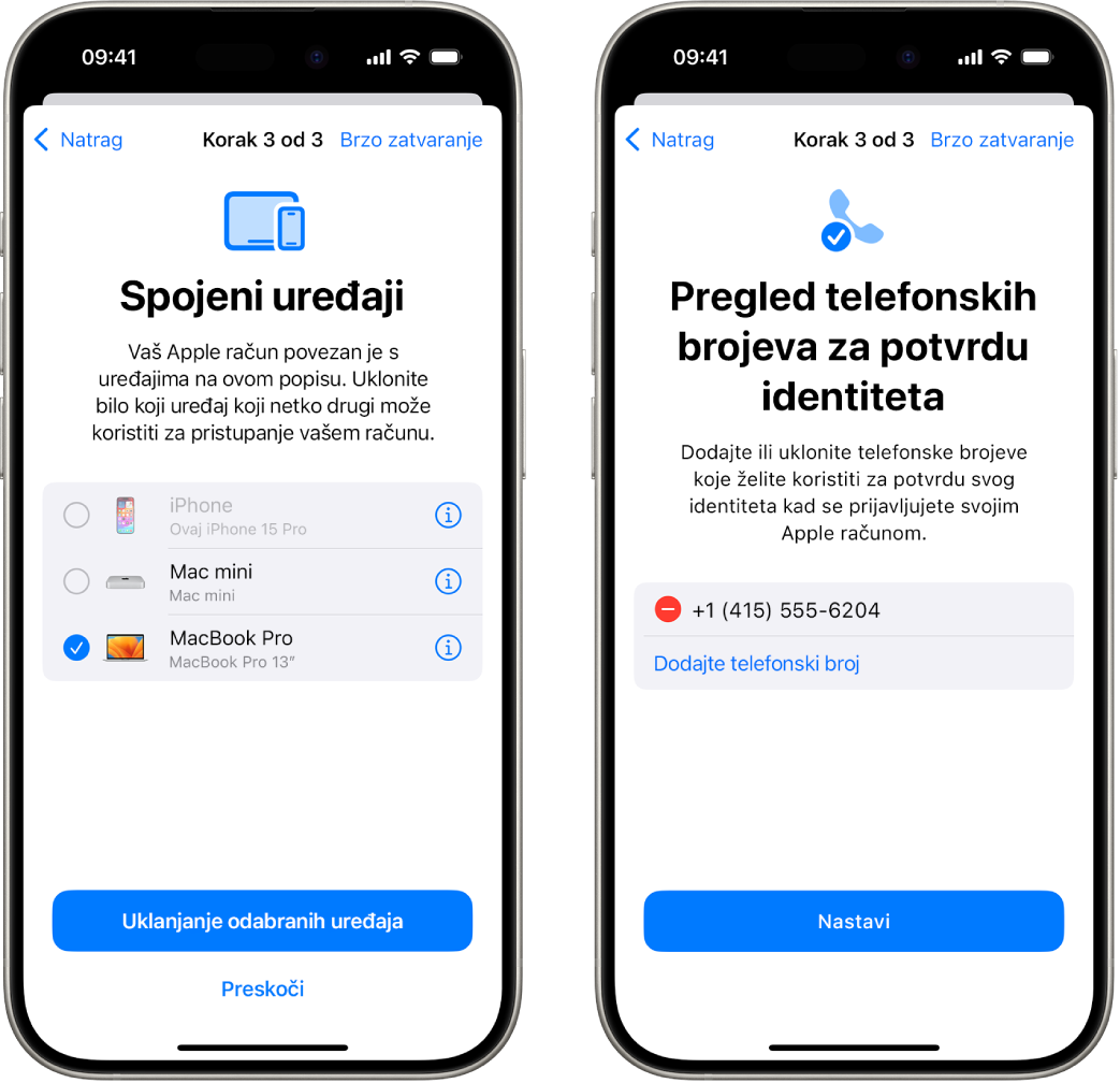 Dva iPhone zaslona prikazuju (1) odabrani uređaj za uklanjanje s pouzdanih uređaja i (2) zaslon za uređivanje pouzdanih telefonskih brojeva.