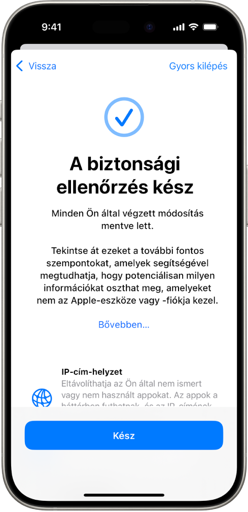 A Biztonsági ellenőrzés funkció képernyője, amelyen az látható, hogy a biztonsági ellenőrzés befejeződött.