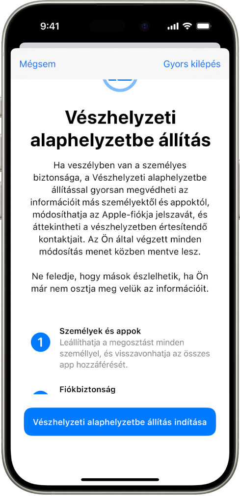 A Vészhelyzeti alaphelyzetbe állítás funkció elindításához használható gomb.