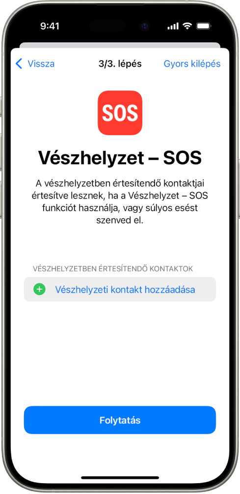 A Vészhelyzet – SOS funkció képernyője egy iPhone-on.