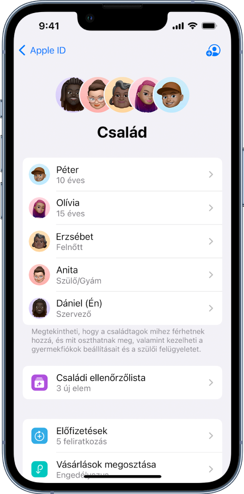 A Beállítások Családi megosztás képernyője. Öt családtag látható, és négy előfizetés van megosztva a családdal.