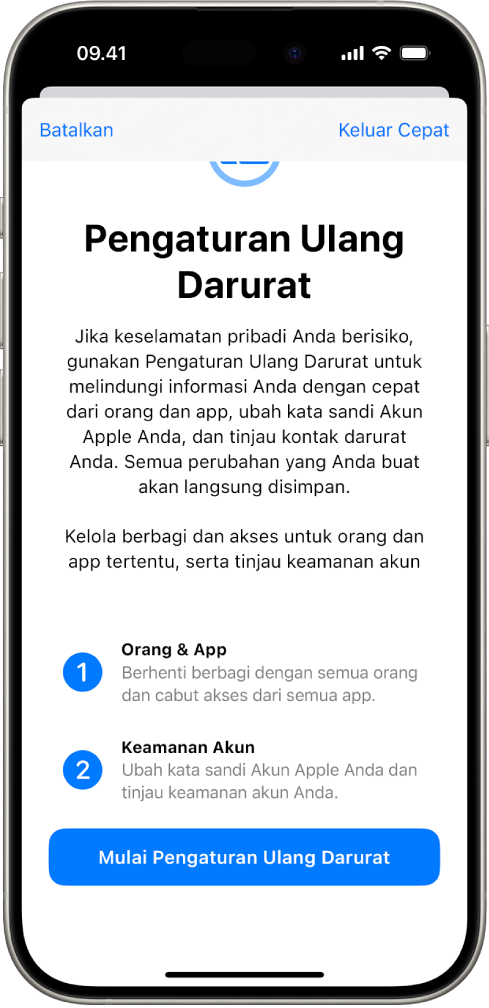 Layar menampilkan tombol untuk memulai Pengaturan Ulang Darurat.