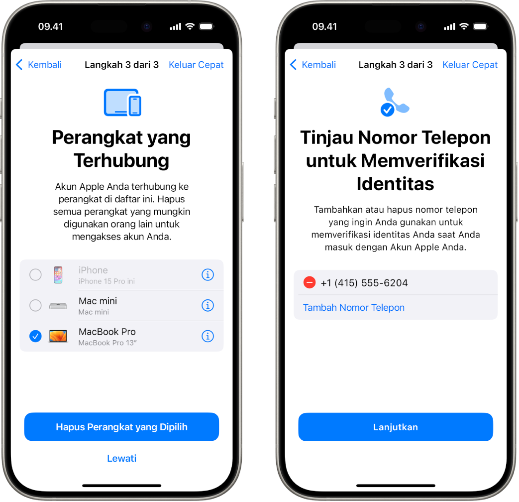 Dua layar iPhone menampilkan (1) perangkat yang dipilih untuk dihapus dari perangkat tepercaya dan (2) layar untuk mengedit nomor telepon tepercaya.