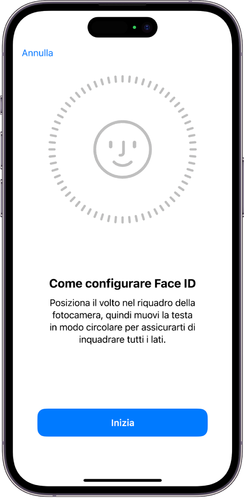 La schermata di configurazione del riconoscimento di Face ID. Sullo schermo è visibile un volto, circondato da un cerchio. Il testo sotto di esso indica all’utente di muovere la testa lentamente per completare un cerchio.