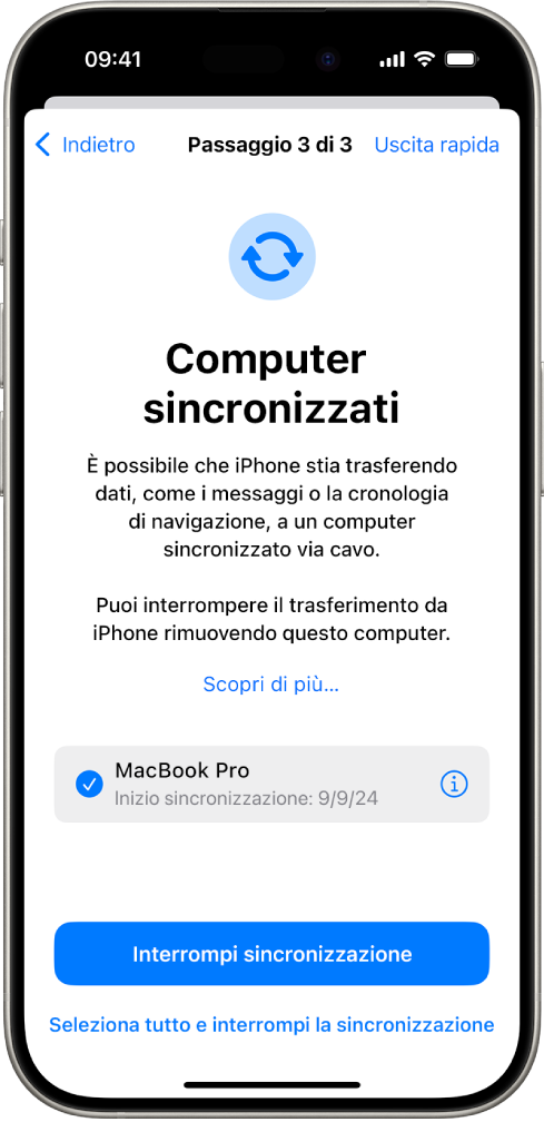 Un iPhone che mostra la schermata di “Computer sincronizzati”.