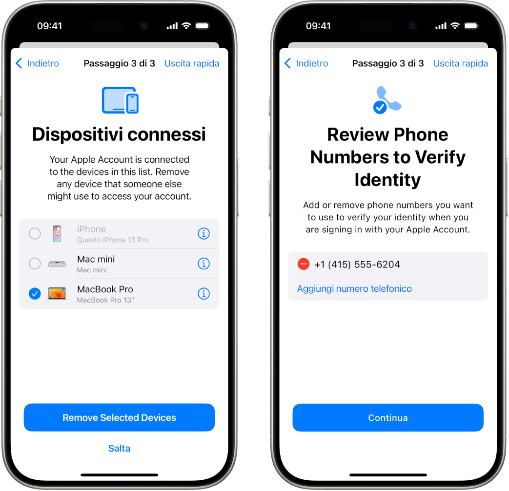 Due schermate di iPhone che mostrano (1) un dispositivo che è stato selezionato per essere rimosso da quelli autorizzati e (2) una schermata per la modifica dei numeri di telefono autorizzati.