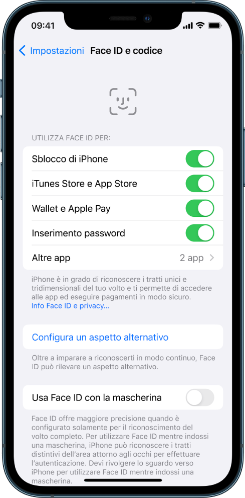 La schermata di Face ID su iPhone, che mostra le situazioni in cui è possibile utilizzare la funzionalità, come per sbloccare iPhone, iTunes e App Store, Wallet e Apple Pay e per l’inserimento automatico delle password.