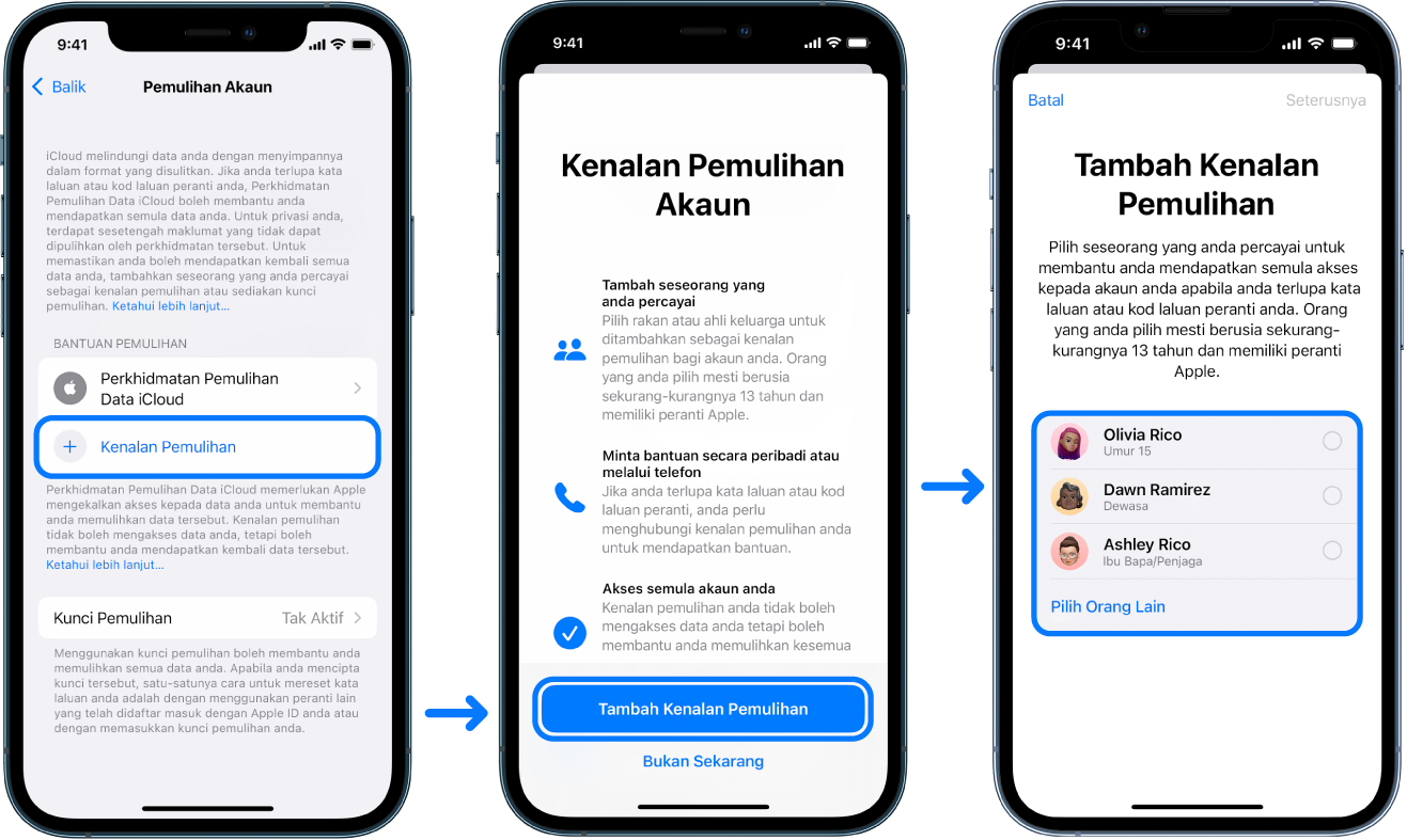 Tiga skrin iPhone menunjukkan cara menambahkan kenalan Pemulihan Akaun.