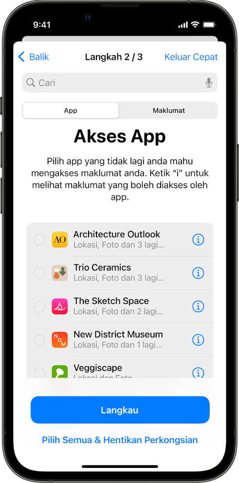 Skrin Semakan Keselamatan menunjukkan maklumat yang dikongsi dengan app khusus.