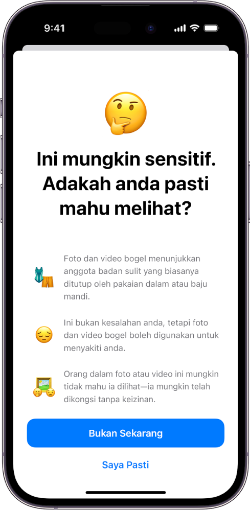 iPhone menunjukkan skrin Amaran Kandungan Sensitif.