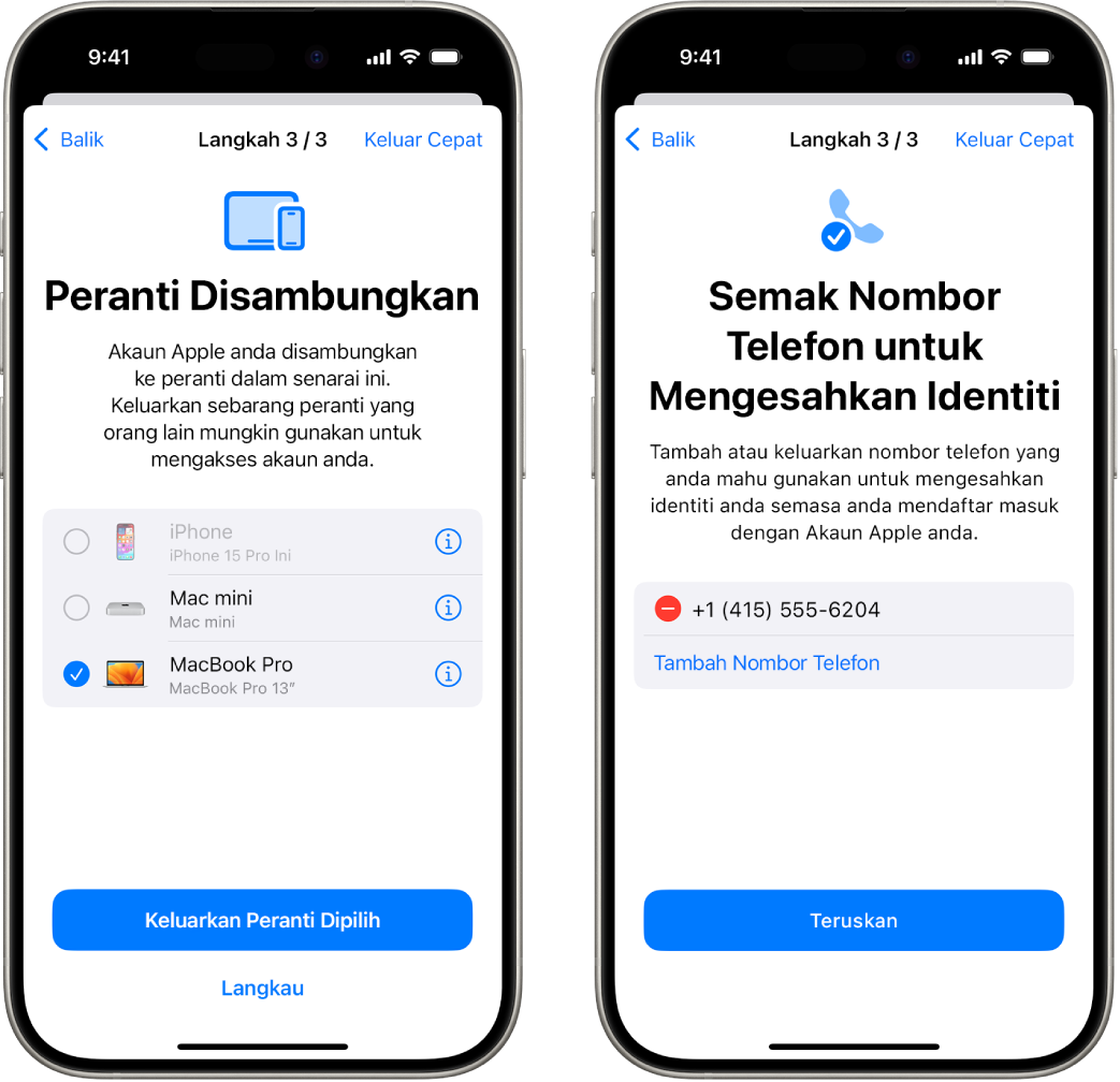 Dua skrin iPhone menunjukkan (1) peranti dipilih untuk dikeluarkan daripada peranti dipercayai dan (2) skrin untuk mengedit nombor telefon dipercayai.