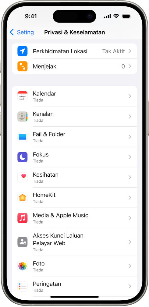 iPhone menunjukkan skrin Privasi & Keselamatan dalam Seting.