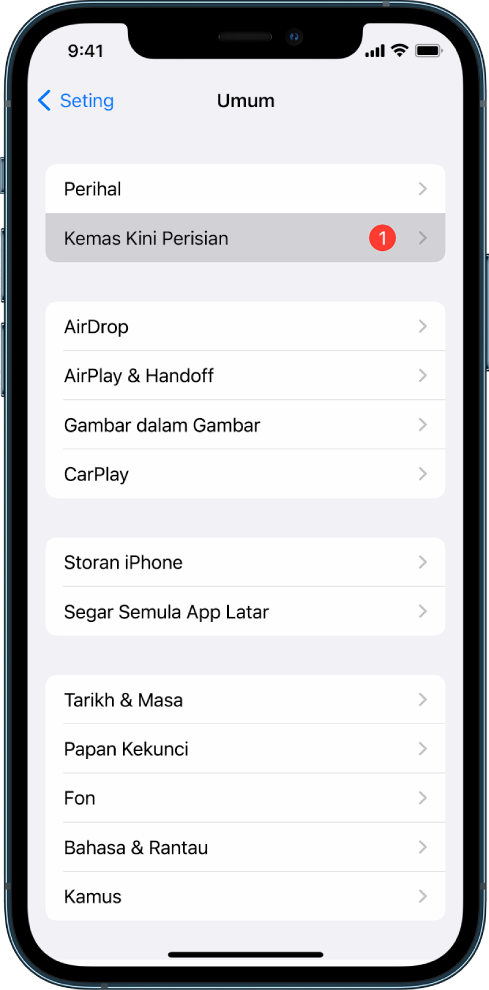 Skrin iPhone menunjukkan yang kemas kini perisian tersedia.