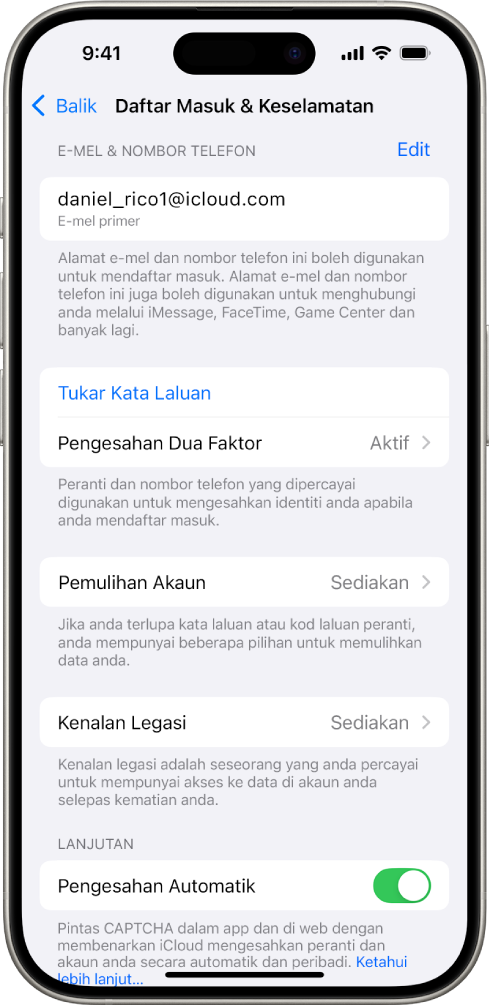 Skrin iPhone menunjukkan pengesahan dua faktor dinyahaktifkan.