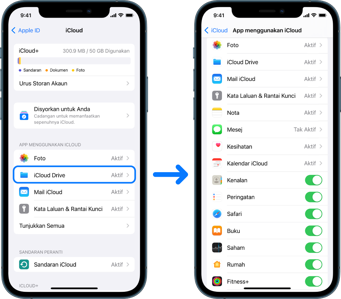 iPhone menunjukkan akaun Akaun Apple mendaftar masuk dengan pelbagai perkhidmatan iCloud diaktifkan.