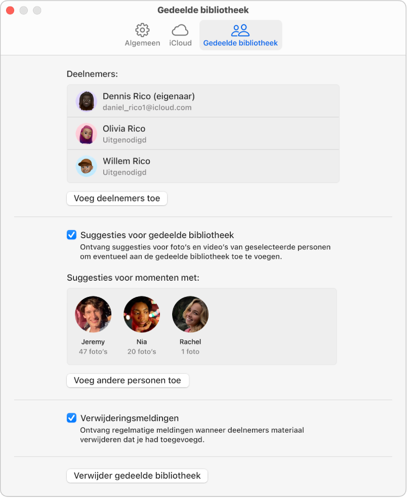 Het paneel 'Gedeelde bibliotheek' in de instellingen van Foto's.