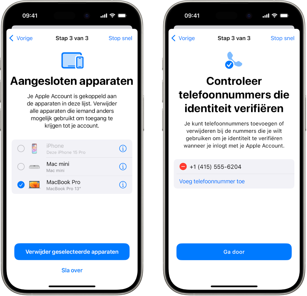 Twee iPhone-schermen met 1) een geselecteerd apparaat dat uit de lijst met vertrouwde apparaten wordt verwijderd, en 2) een scherm waarop vertrouwde telefoonnummers kunnen worden bewerkt.