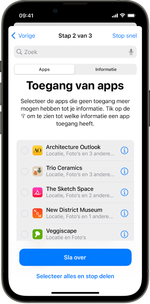 Een scherm van Veiligheidscontrole met gegevens die met specifieke apps worden gedeeld.