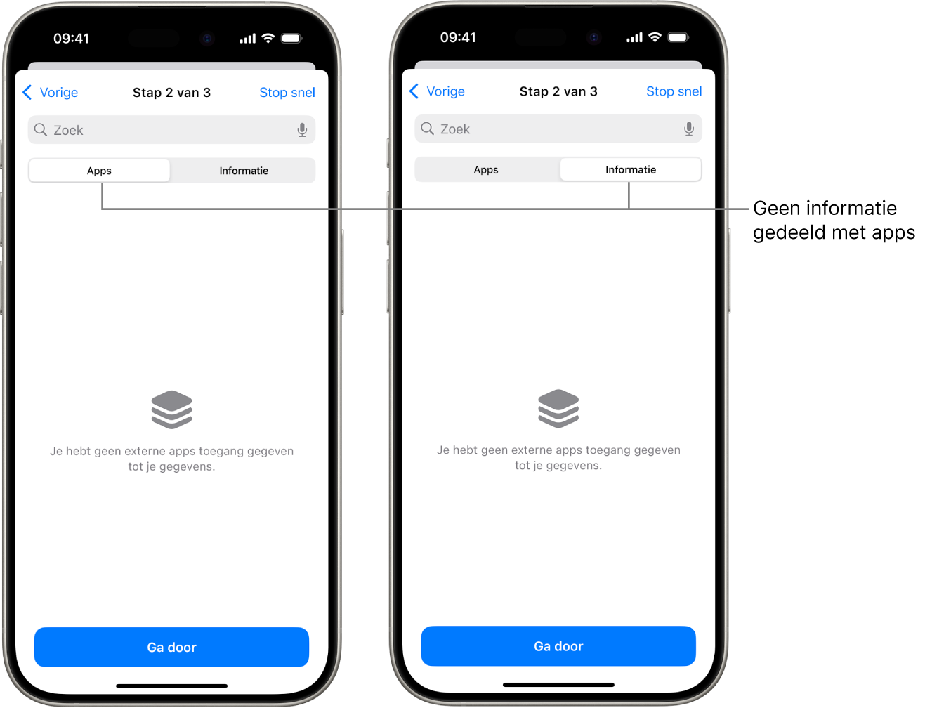 Twee schermen waarin op de tabbladen 'Apps' en 'Informatie' te zien is dat de gebruiker geen gegevens met andere apps deelt.