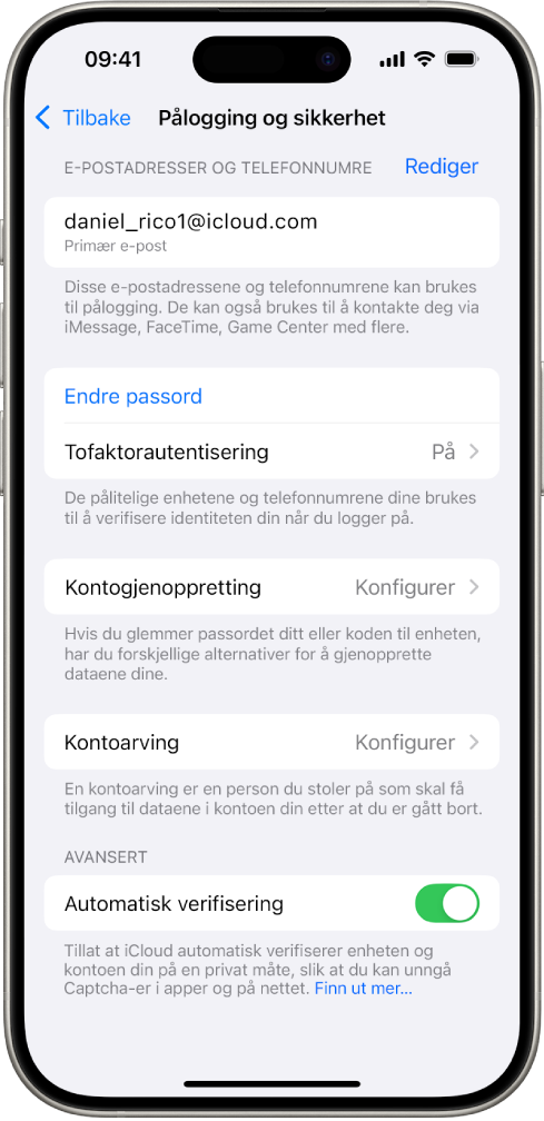 En iPhone-skjerm som viser at tofaktorautentisering er slått av.