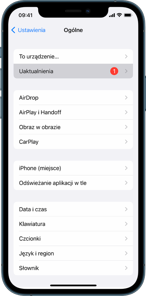 Ekran iPhone’a z informacją, że dostępne jest uaktualnienie oprogramowania.