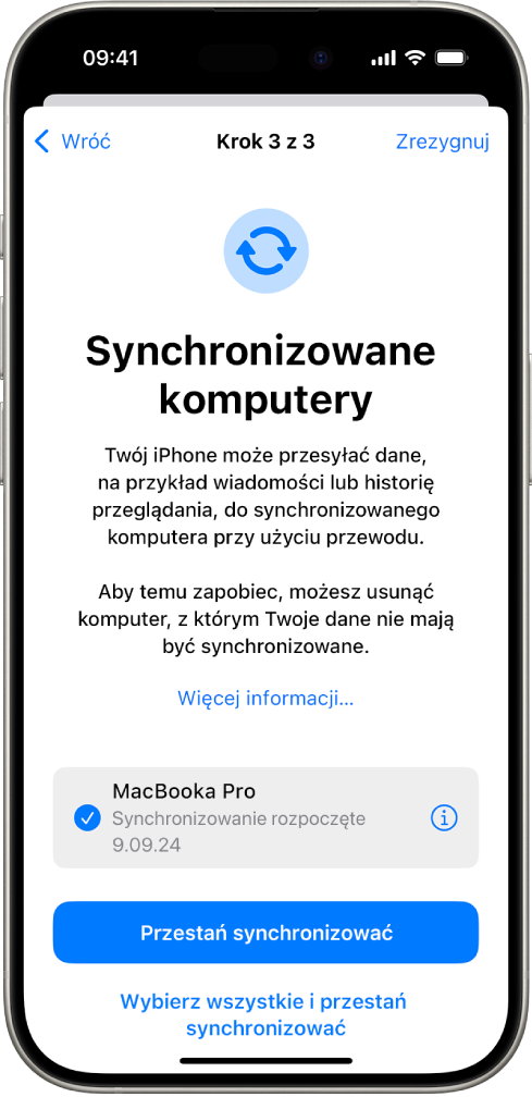 Ekran iPhone’a wyświetlający ekran Synchronizowane komputery.