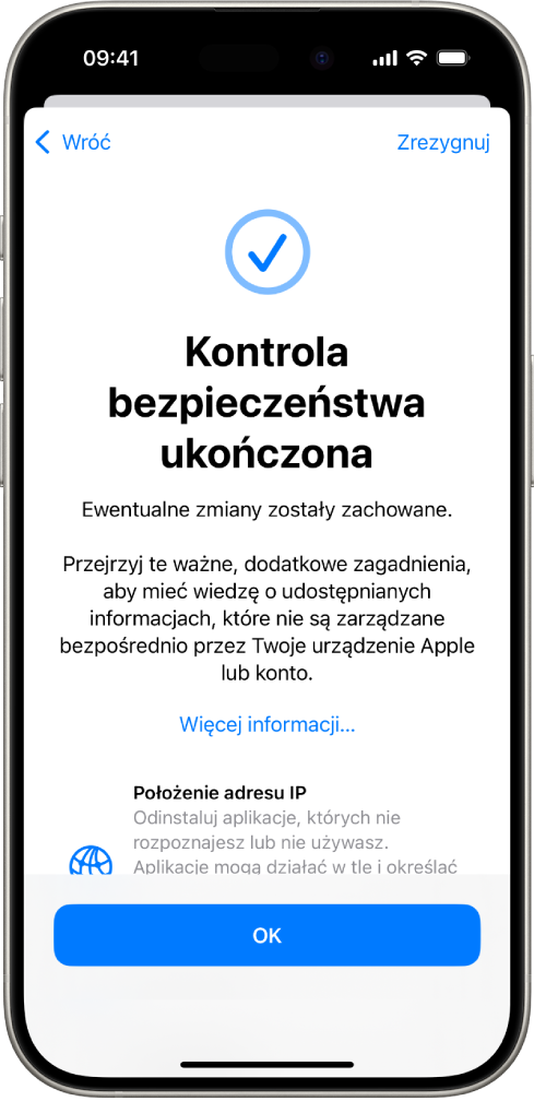 Ekran kontroli bezpieczeństwa pokazujący, że kontrola bezpieczeństwa została zakończona.